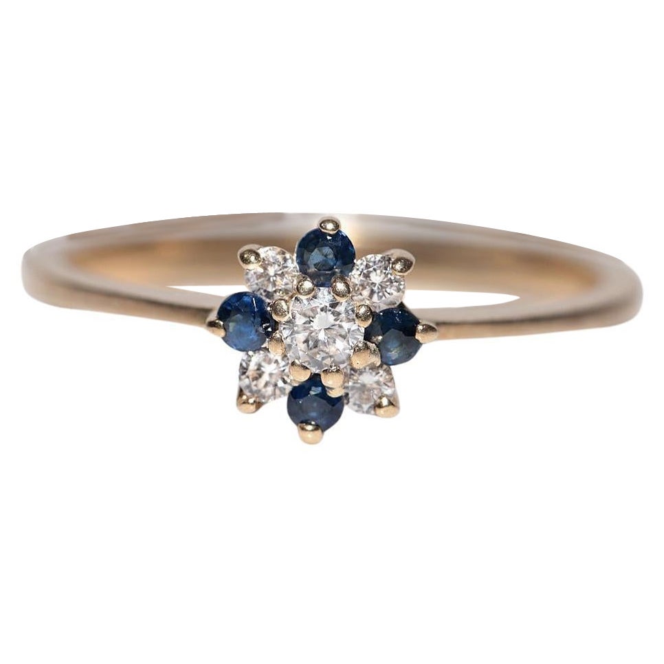 Bague cocktail vintage des années 1980 en or 14 carats avec diamants naturels et saphirs