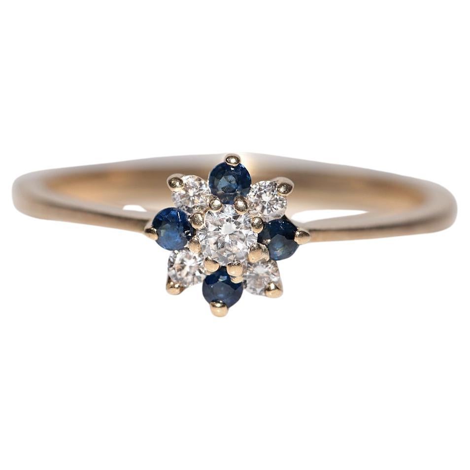 Anillo de cóctel vintage circa años 80 de oro de 14k con diamante natural y zafiro