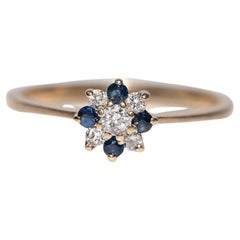 Anillo de cóctel vintage circa años 80 de oro de 14k con diamante natural y zafiro