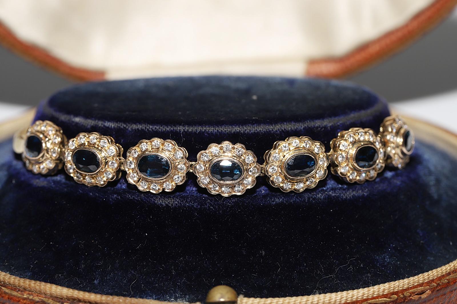 Vintage Circa 1980s 14k Gold Natural Diamond And Sapphire Decorated Bracelet  For Sale 1