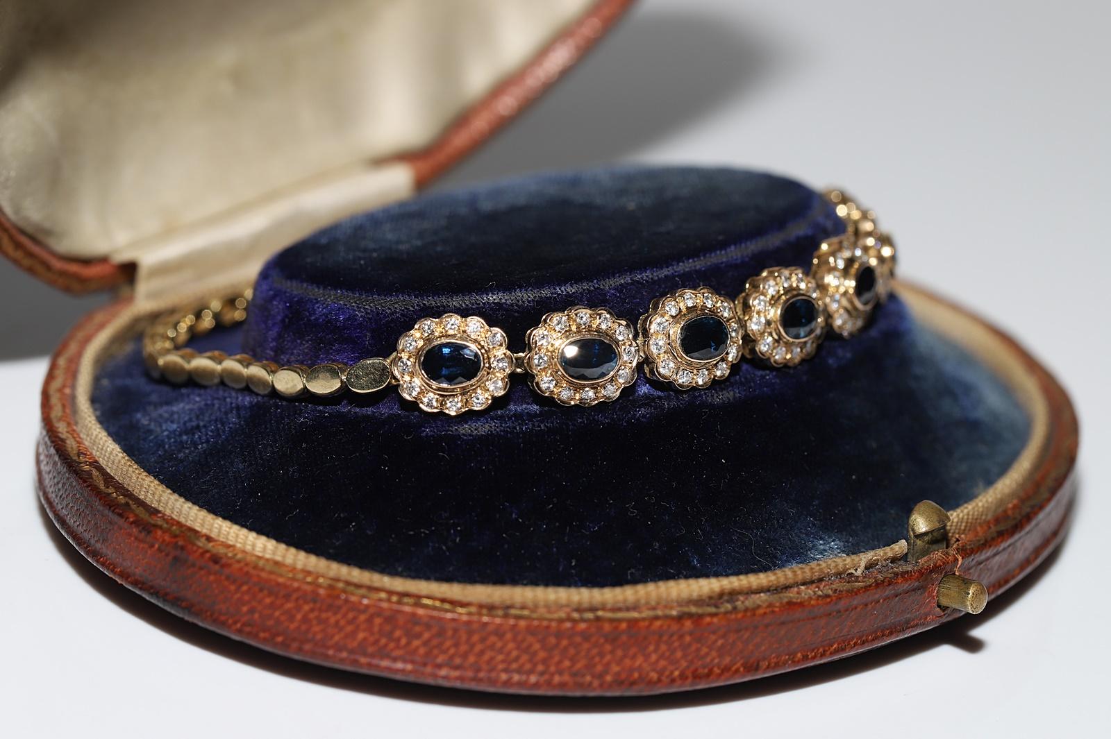 Vintage Circa 1980s 14k Gold Natural Diamond And Sapphire Decorated Bracelet  For Sale 2