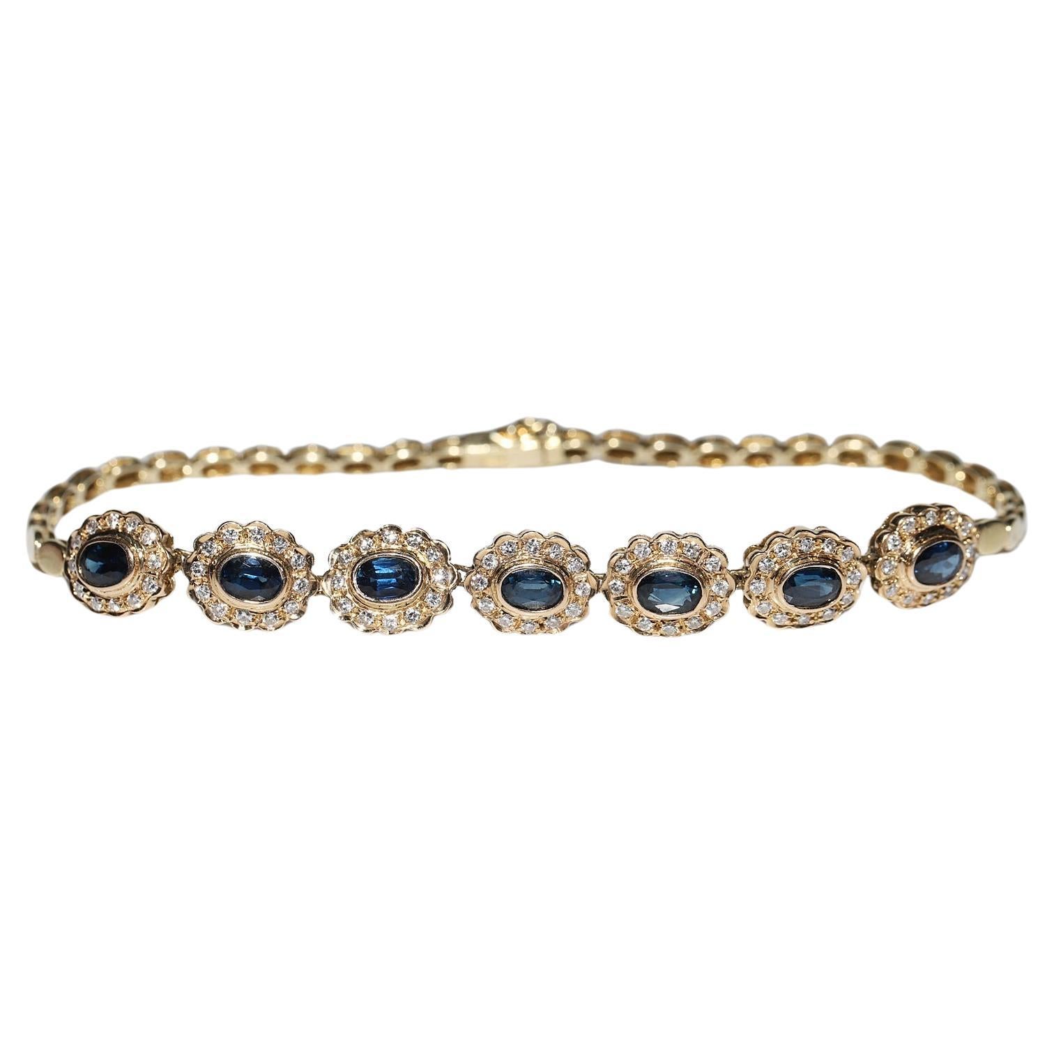 Vintage Circa 1980s 14k Gold Natural Diamond And Sapphire Decorated Bracelet 