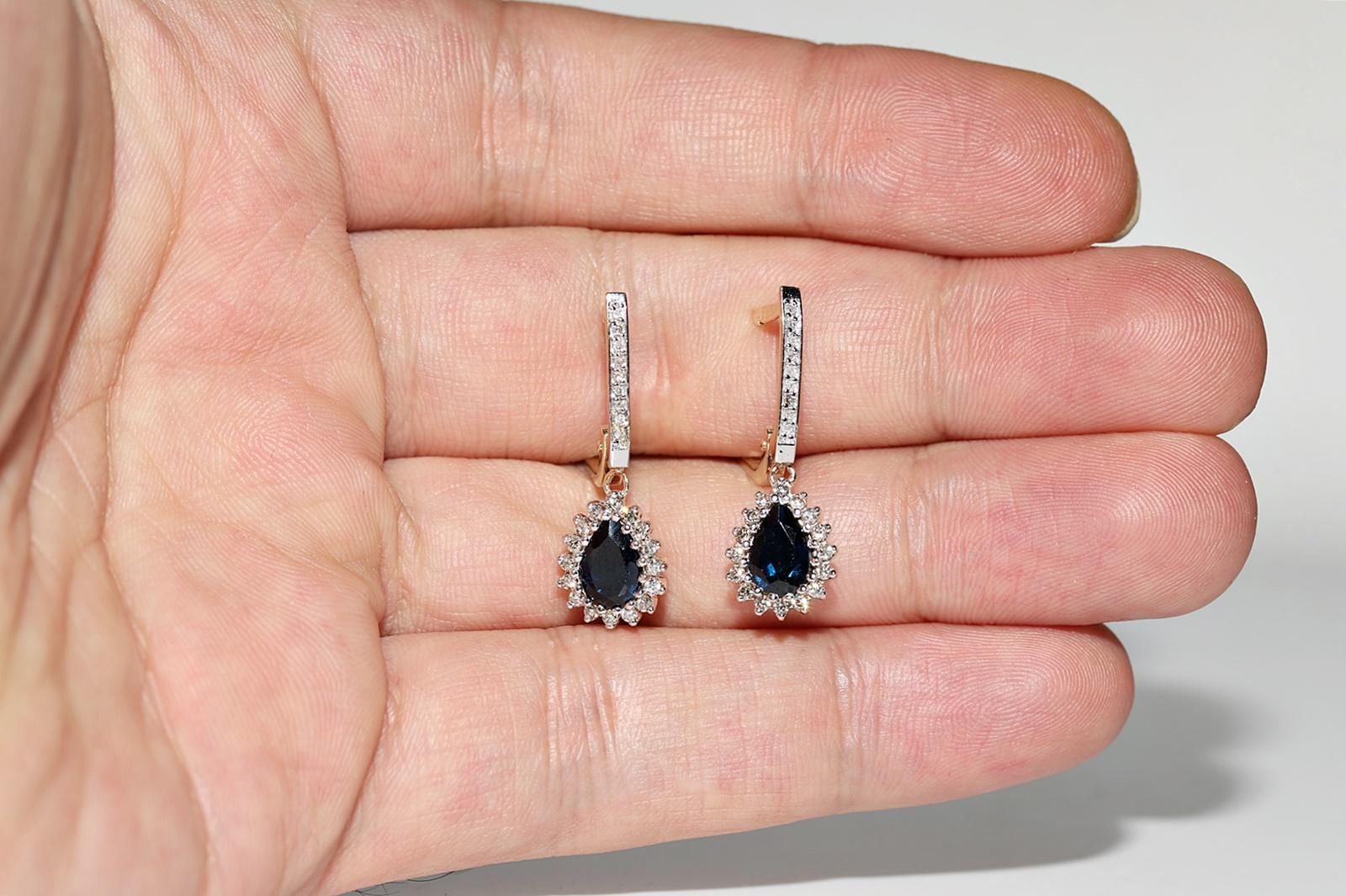 Vintage Circa 1980s 14k Gold Natural Diamond And Sapphire Decorated Drop Earring For Sale 6