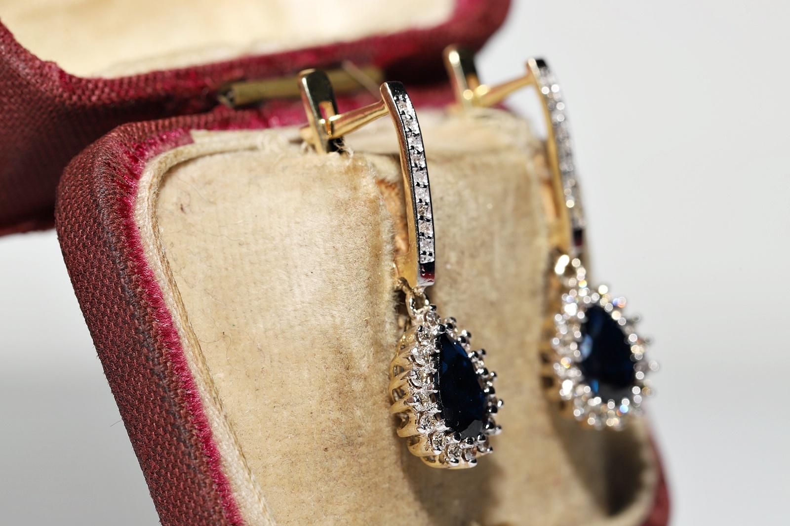 Retro Vintage Circa 1980s 14k Gold Natural Diamond And Sapphire Decorated Drop Earring For Sale