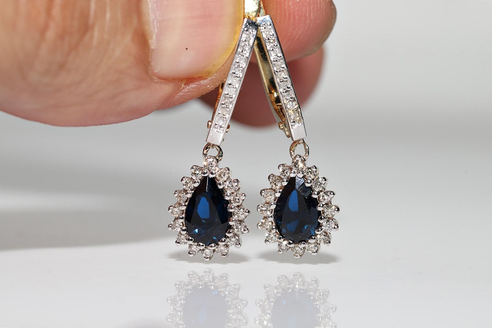 Brilliant Cut Vintage Circa 1980s 14k Gold Natural Diamond And Sapphire Decorated Drop Earring For Sale
