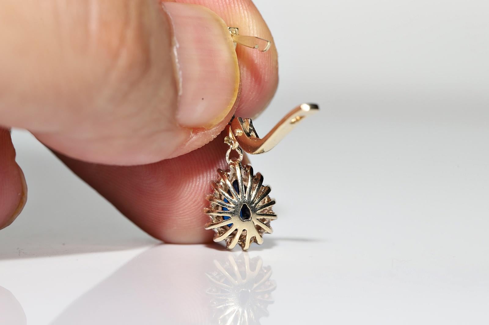 Vintage Circa 1980s 14k Gold Natural Diamond And Sapphire Decorated Drop Earring For Sale 3