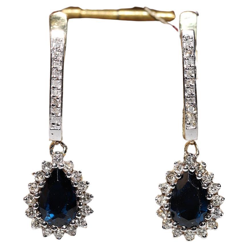 Vintage Circa 1980s 14k Gold Natural Diamond And Sapphire Decorated Drop Earring For Sale