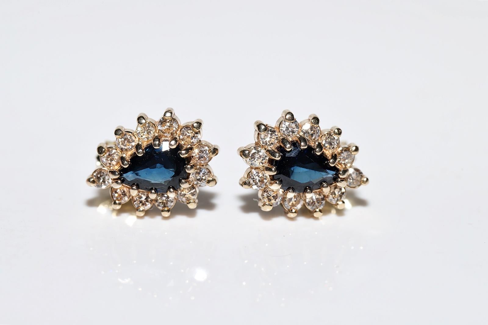 Brilliant Cut Vintage Circa 1980s 14k Gold Natural Diamond And Sapphire Decorated Earring For Sale