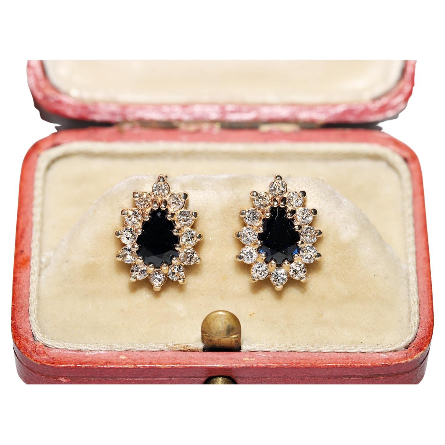 Vintage Circa 1980 Boucle d'oreille en or 14k ornée de diamants naturels et de saphirs