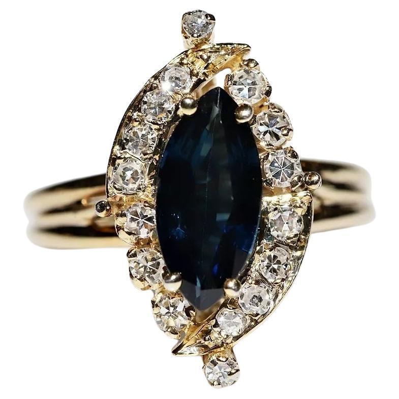 Vintage Circa 1980s 14k Gold Natural Diamond And Sapphire Decorated Navette Ring