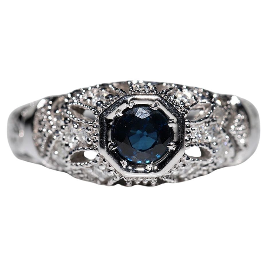 Bague vintage décorée en or 14 carats avec diamants naturels et saphirs des années 1980