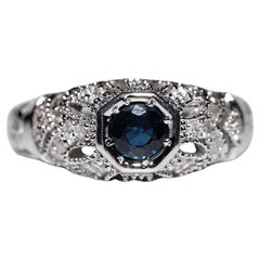 Bague vintage décorée en or 14 carats avec diamants naturels et saphirs des années 1980