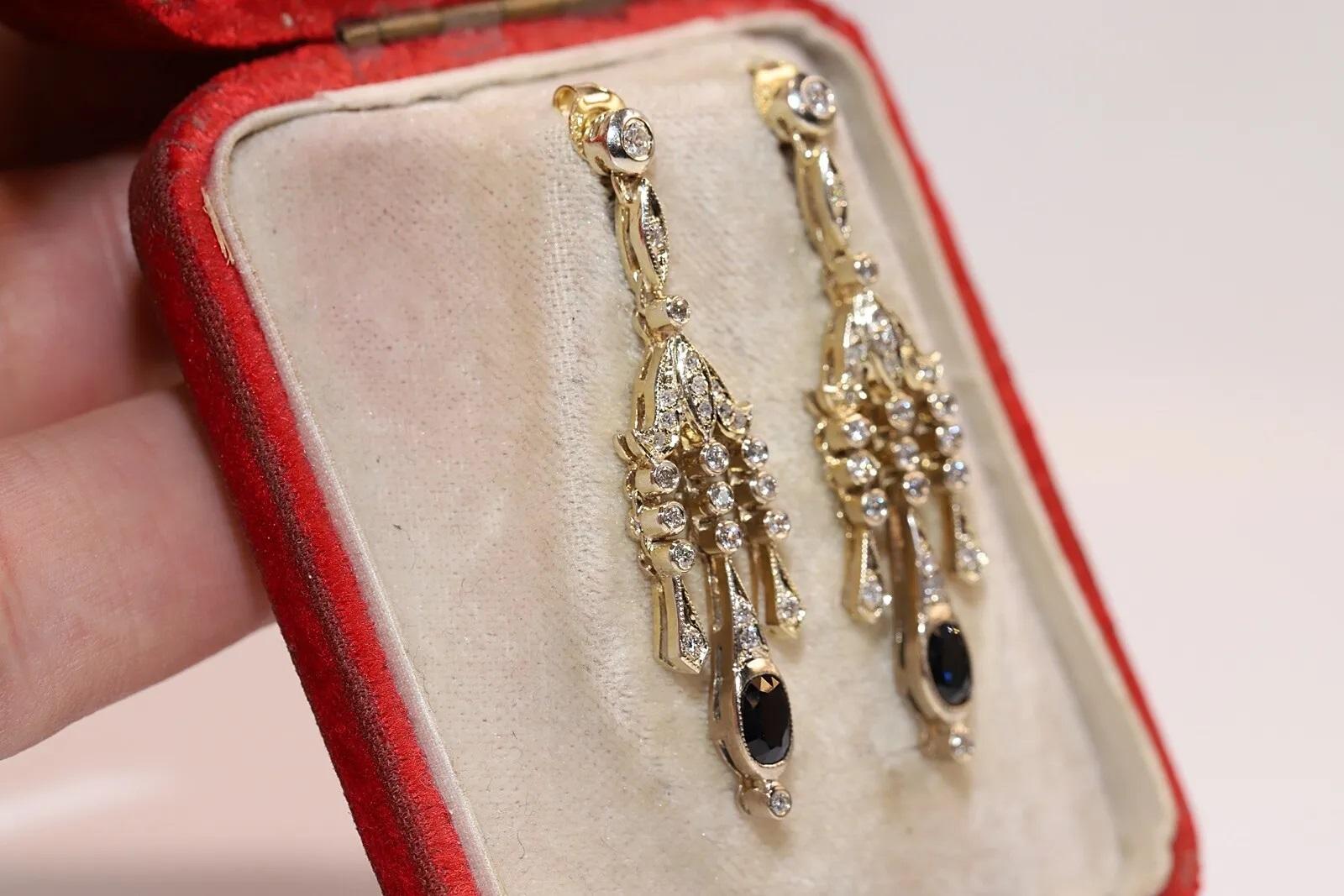 Brilliant Cut Vintage Circa 1980s 14k Gold Natural Diamond And Sapphire Drop Earring  For Sale