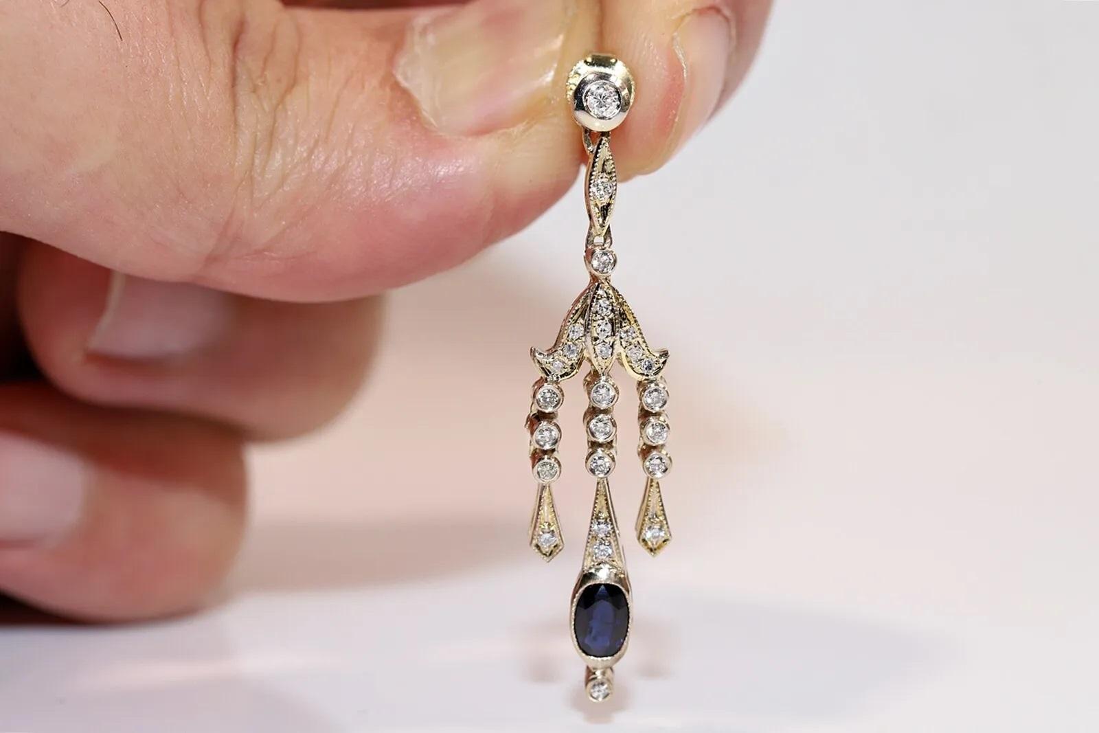 Vintage Circa 1980s 14k Gold Natural Diamond And Sapphire Drop Earring  In Good Condition For Sale In Fatih/İstanbul, 34