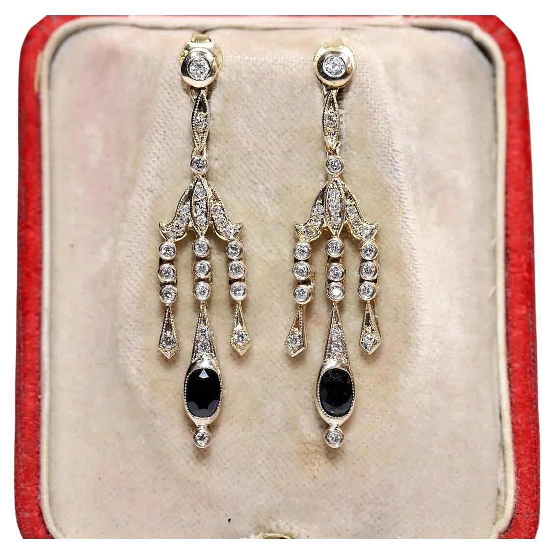 Vintage Circa 1980 Boucles d'oreilles pendantes en or 14k diamant naturel et saphir 