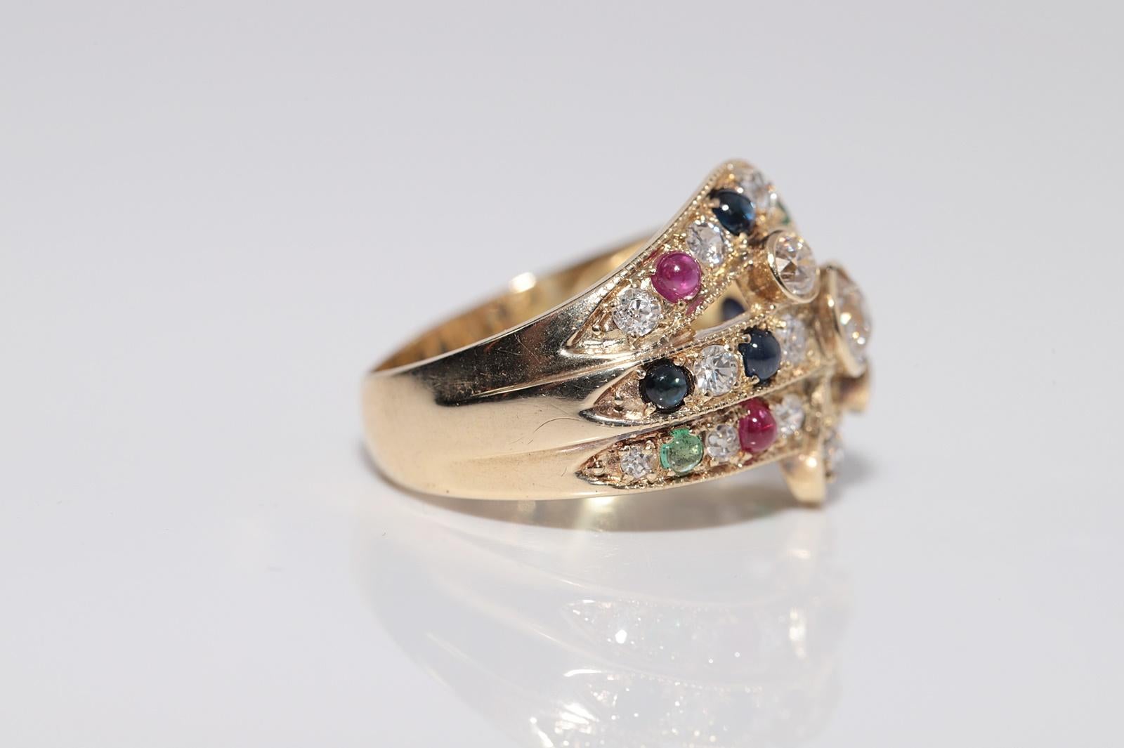Vintage Circa 1980s 14k Gold Natural Diamond And Sapphire Emerald Ruby Ring For Sale 4