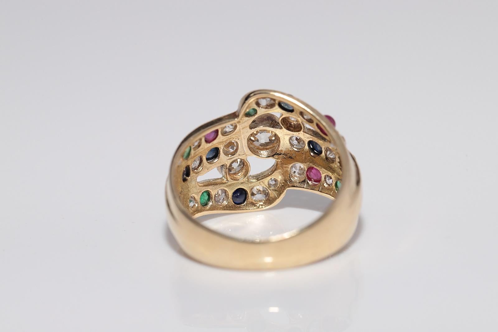 Vintage Circa 1980s 14k Gold Natural Diamond And Sapphire Emerald Ruby Ring For Sale 5