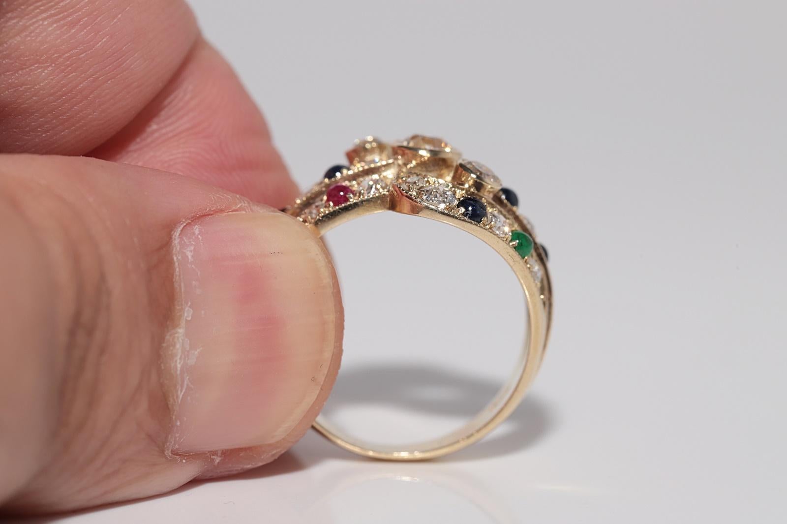 Vintage Circa 1980s 14k Gold Natural Diamond And Sapphire Emerald Ruby Ring For Sale 6
