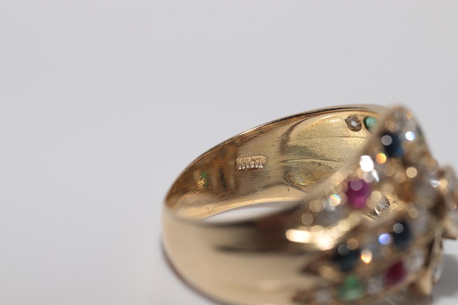 Vintage Circa 1980s 14k Gold Natural Diamond And Sapphire Emerald Ruby Ring For Sale 7