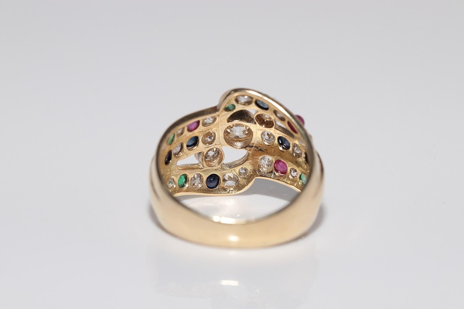 Vintage Circa 1980s 14k Gold Natural Diamond And Sapphire Emerald Ruby Ring For Sale 9