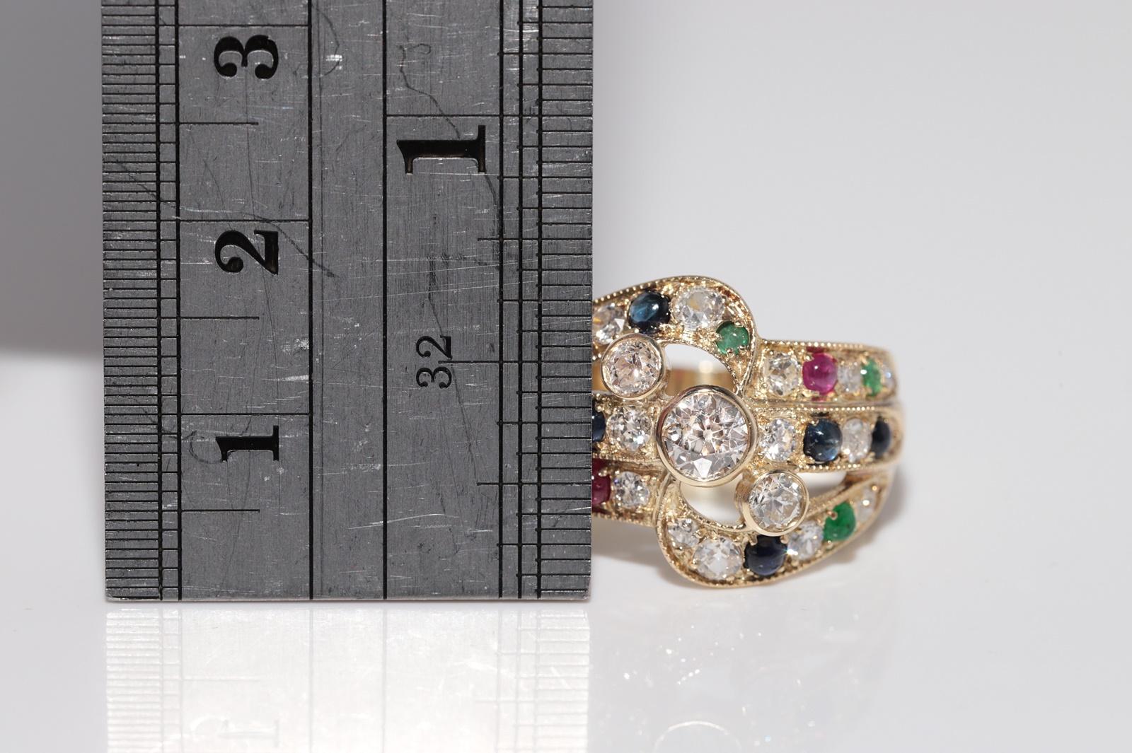 Vintage Circa 1980s 14k Gold Natural Diamond And Sapphire Emerald Ruby Ring For Sale 10