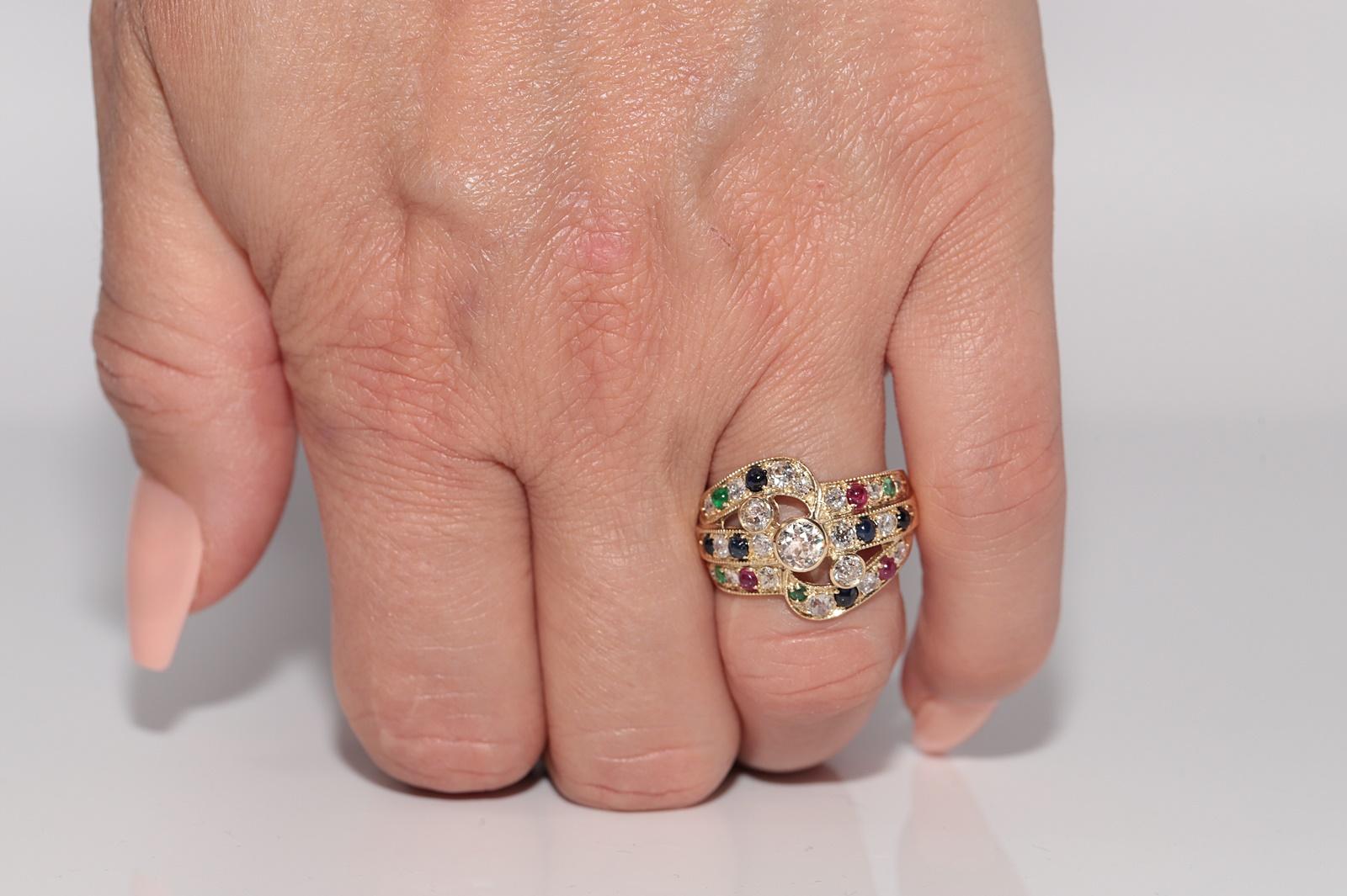 Retro Vintage Circa 1980s 14k Gold Natural Diamond And Sapphire Emerald Ruby Ring For Sale
