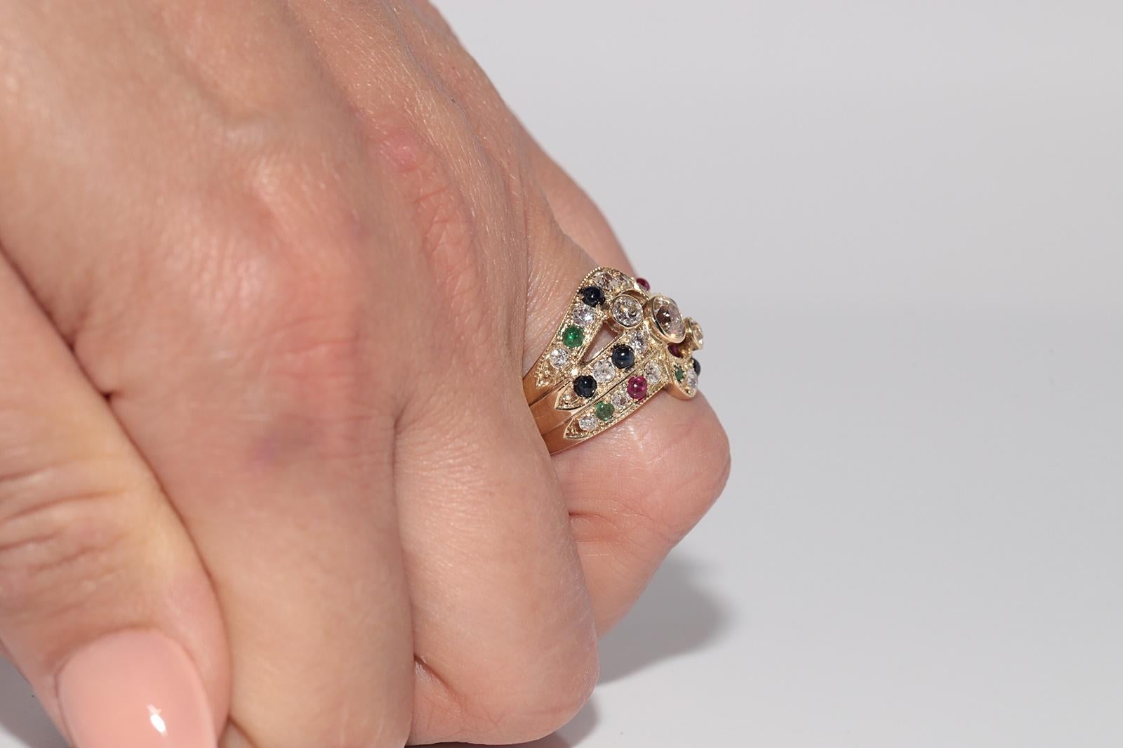 Vintage Circa 1980s 14k Gold Natural Diamond And Sapphire Emerald Ruby Ring In Good Condition For Sale In Fatih/İstanbul, 34