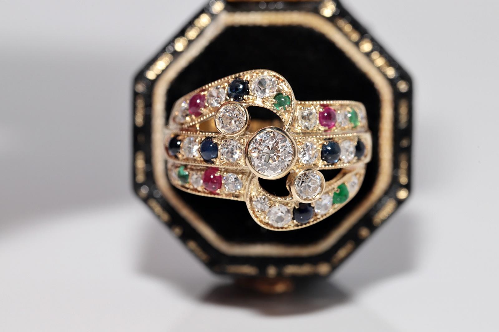 Women's Vintage Circa 1980s 14k Gold Natural Diamond And Sapphire Emerald Ruby Ring For Sale