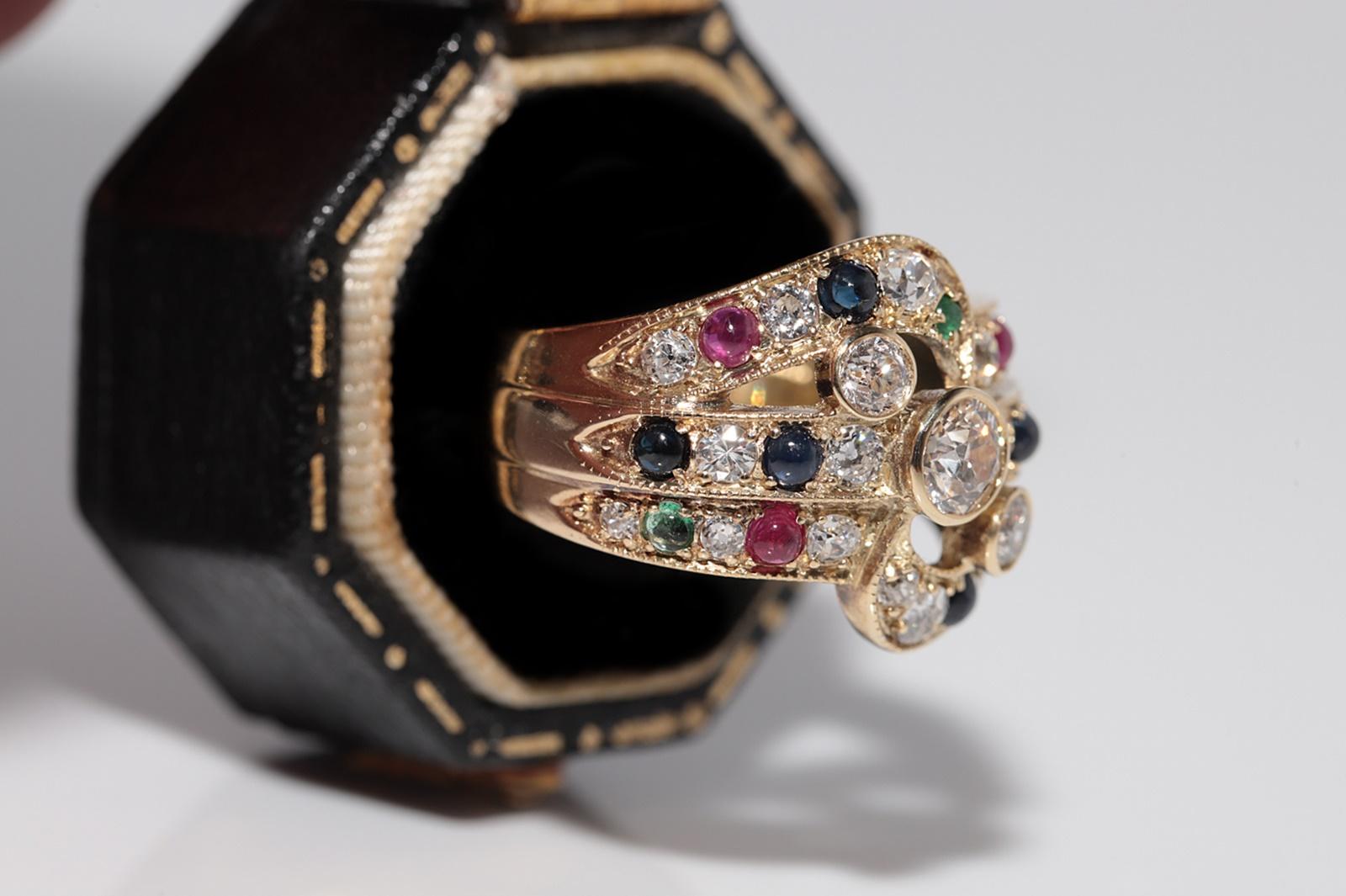 Vintage Circa 1980s 14k Gold Natural Diamond And Sapphire Emerald Ruby Ring For Sale 1