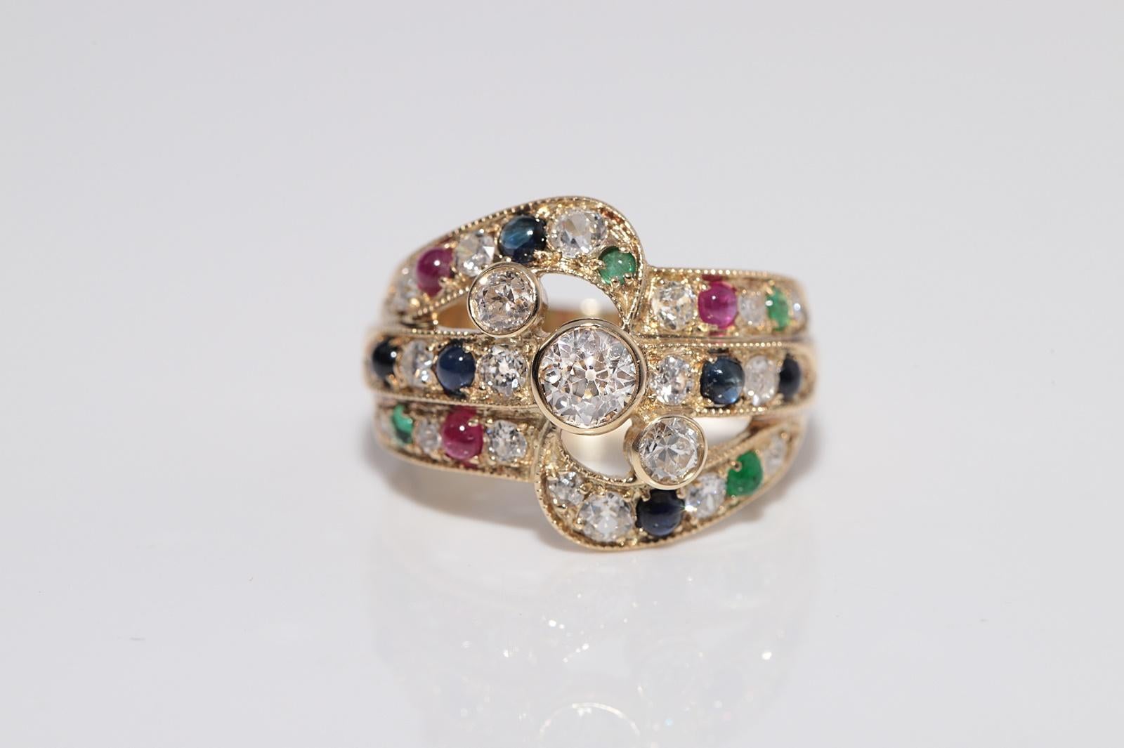 Vintage Circa 1980s 14k Gold Natural Diamond And Sapphire Emerald Ruby Ring For Sale 2