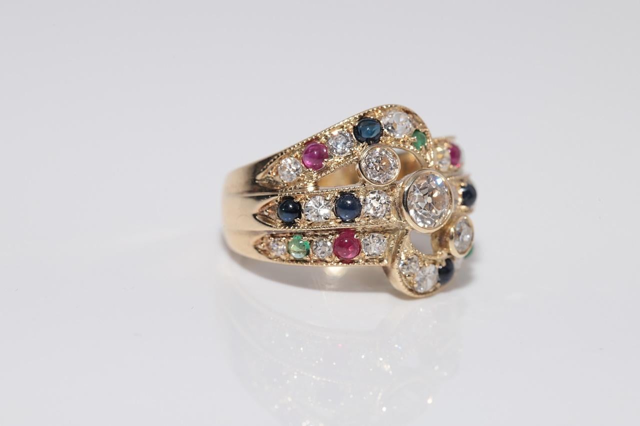 Vintage Circa 1980s 14k Gold Natural Diamond And Sapphire Emerald Ruby Ring For Sale 3