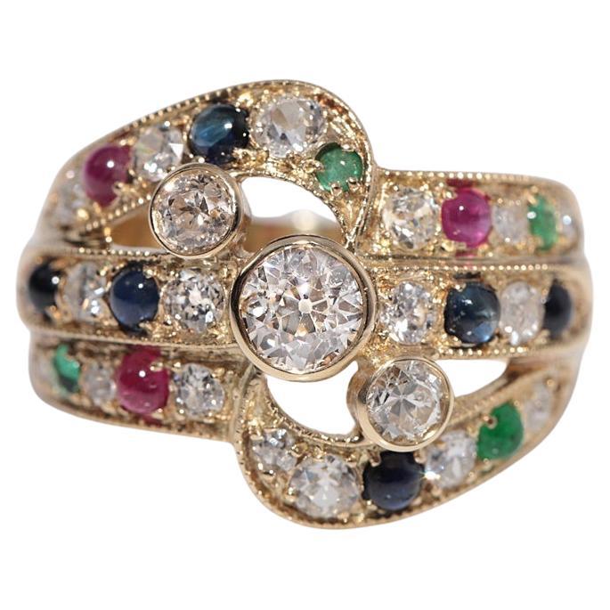 Vintage Circa 1980s 14k Gold Natural Diamond And Sapphire Emerald Ruby Ring For Sale