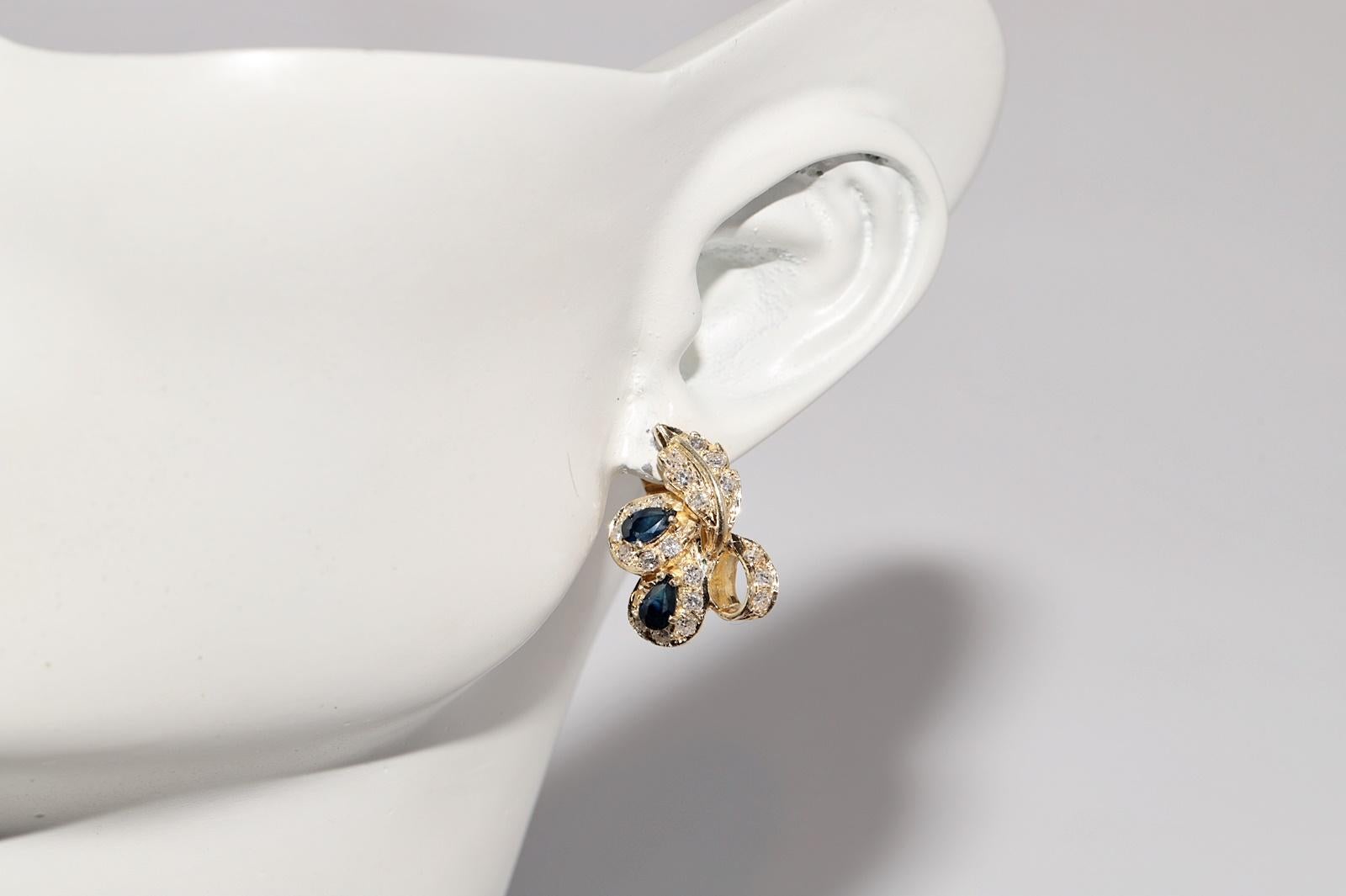 Orecchino stile foglia in oro 14k con diamante naturale e zaffiro, CIRCA 1980 in vendita 6