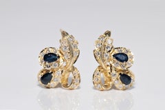 Vintage Circa 1980s 14k Gold Natural Diamond And Sapphire Leaf Style Earring