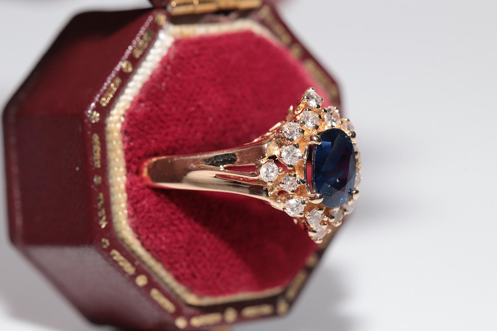 Rétro Anello Navette con diamanti naturali e zaffiri in oro 14k, vintage, circa anni '80 in vendita