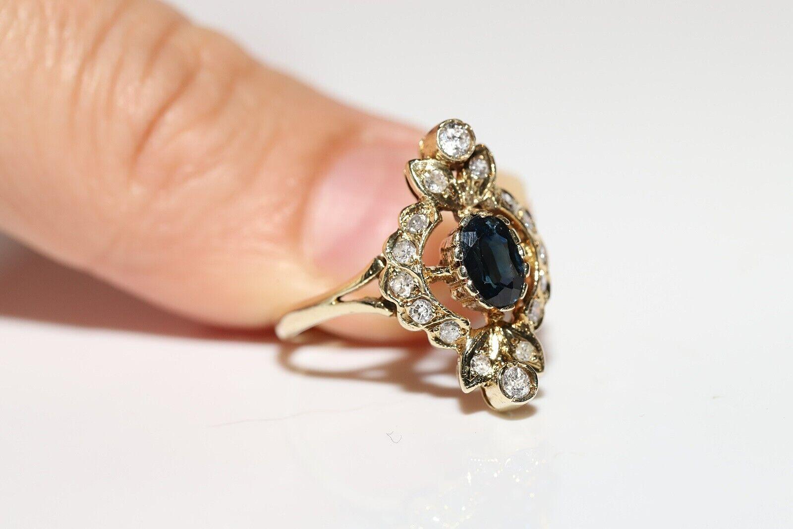 Brilliant Cut Vintage Circa 1980s 14k Gold Natural Diamond And Sapphire Navette Ring For Sale