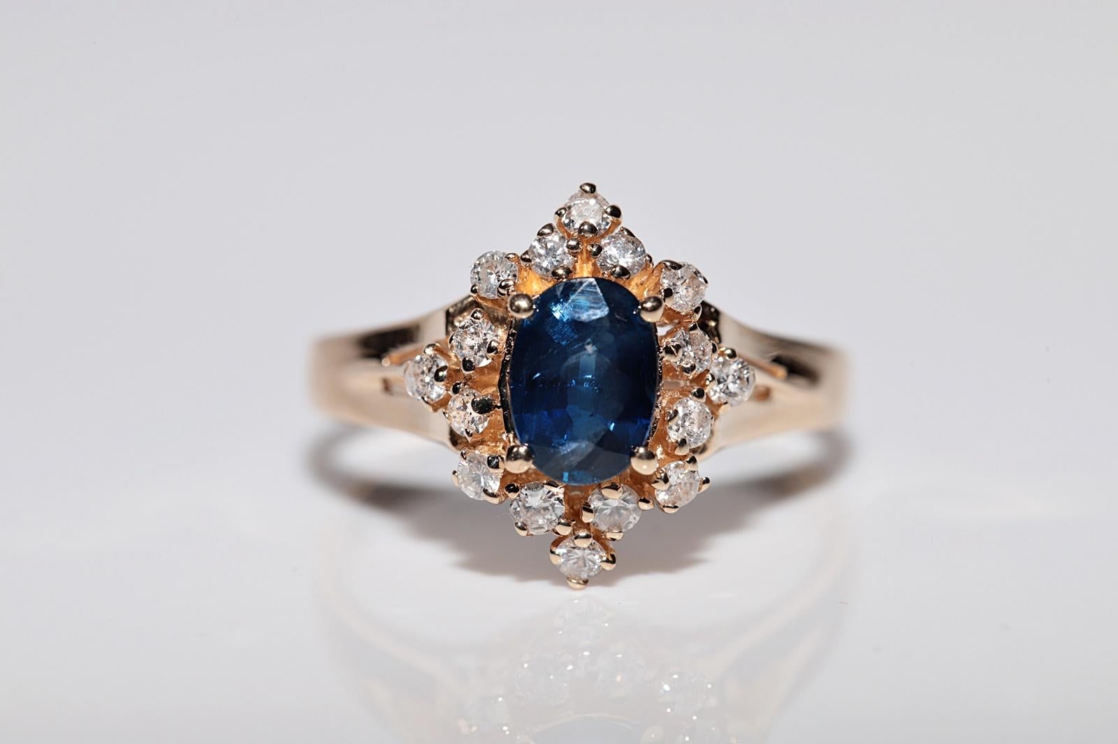 Taglio brillante Anello Navette con diamanti naturali e zaffiri in oro 14k, vintage, circa anni '80 in vendita