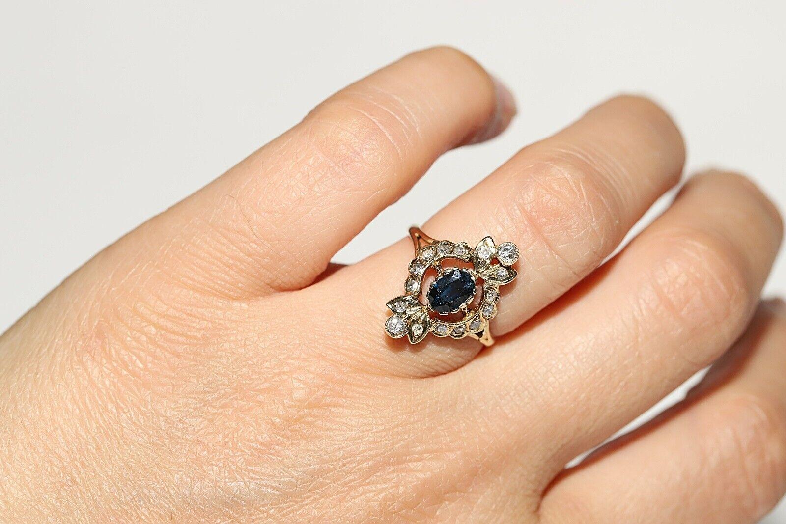 Vintage Circa 1980s 14k Gold Natural Diamond And Sapphire Navette Ring For Sale 1