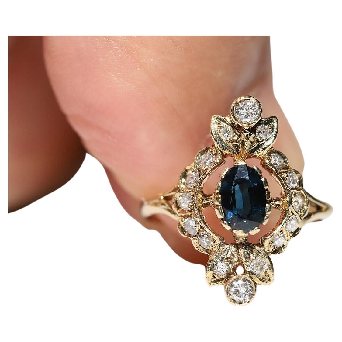 Vintage Circa 1980s 14k Gold Natural Diamond And Sapphire Navette Ring For Sale