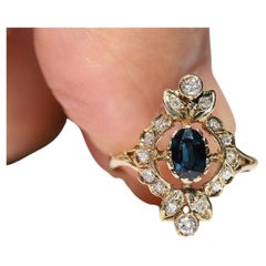 Vintage Circa 1980s 14k Gold Natural Diamond And Sapphire Navette Ring