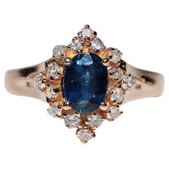 Vintage Circa 1980s 14k Gold Natural Diamond And Sapphire Navette Ring