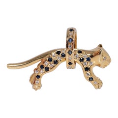 Vintage CIRCA 1980s 14k Gold Natürlicher Diamant und Saphir Panter Anhänger
