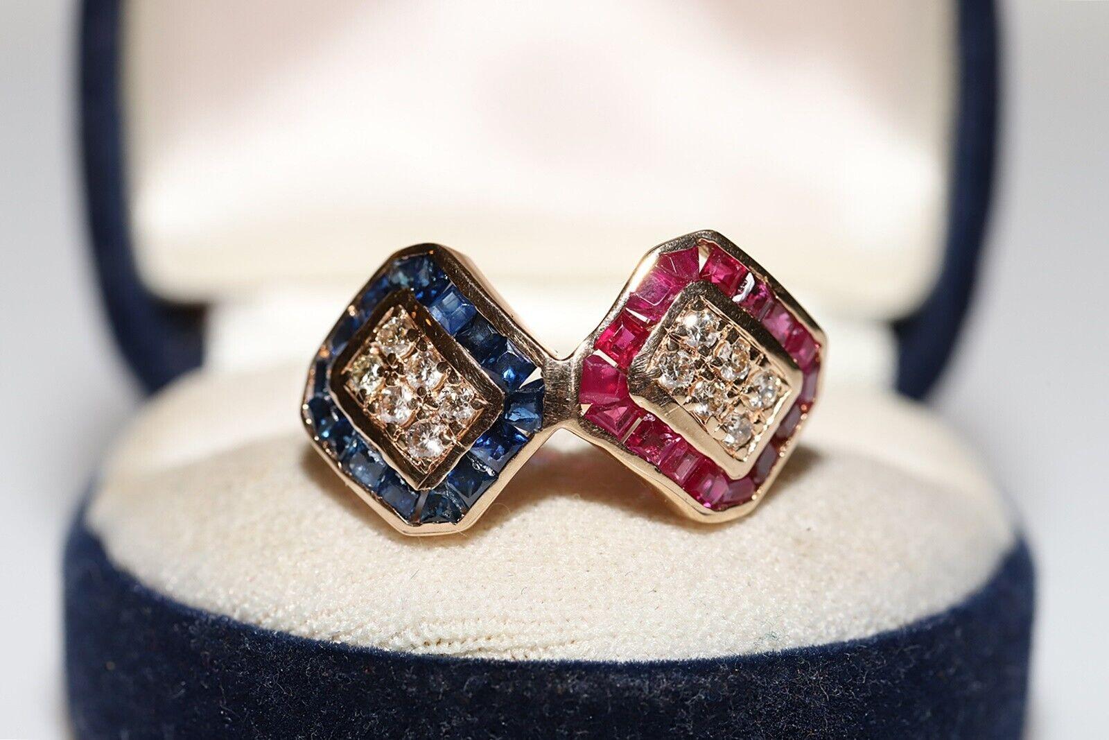 In very good condition.
Total weight is 4.9 grams.
Totally diamond is about 0.38 carat.
Acid tested to be 14k real gold.
The diamond is has H color and vs-s1 clarity.
Totally is  ruby about 0.65 carat.
Totally is sapphire about 0.65 carat.
Ring size