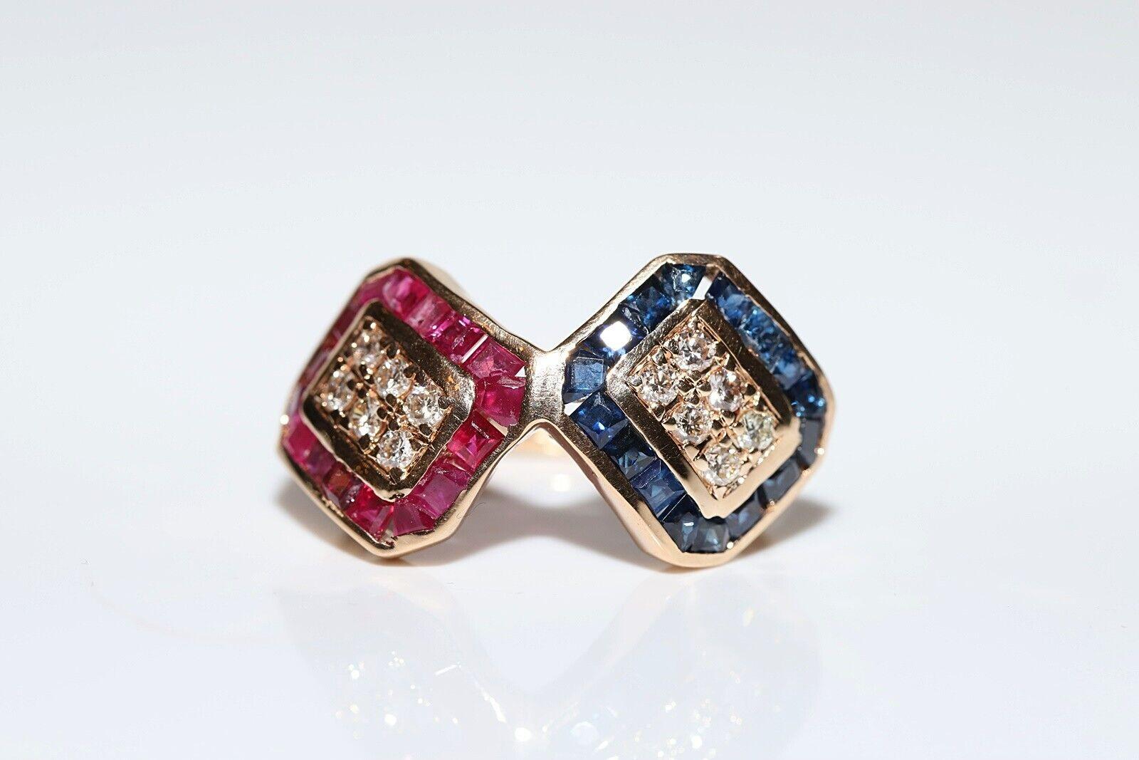 Vintage Circa 1980er Jahre 14k Gold Ring mit natürlichem Diamant und Saphir und Rubin im Angebot 2
