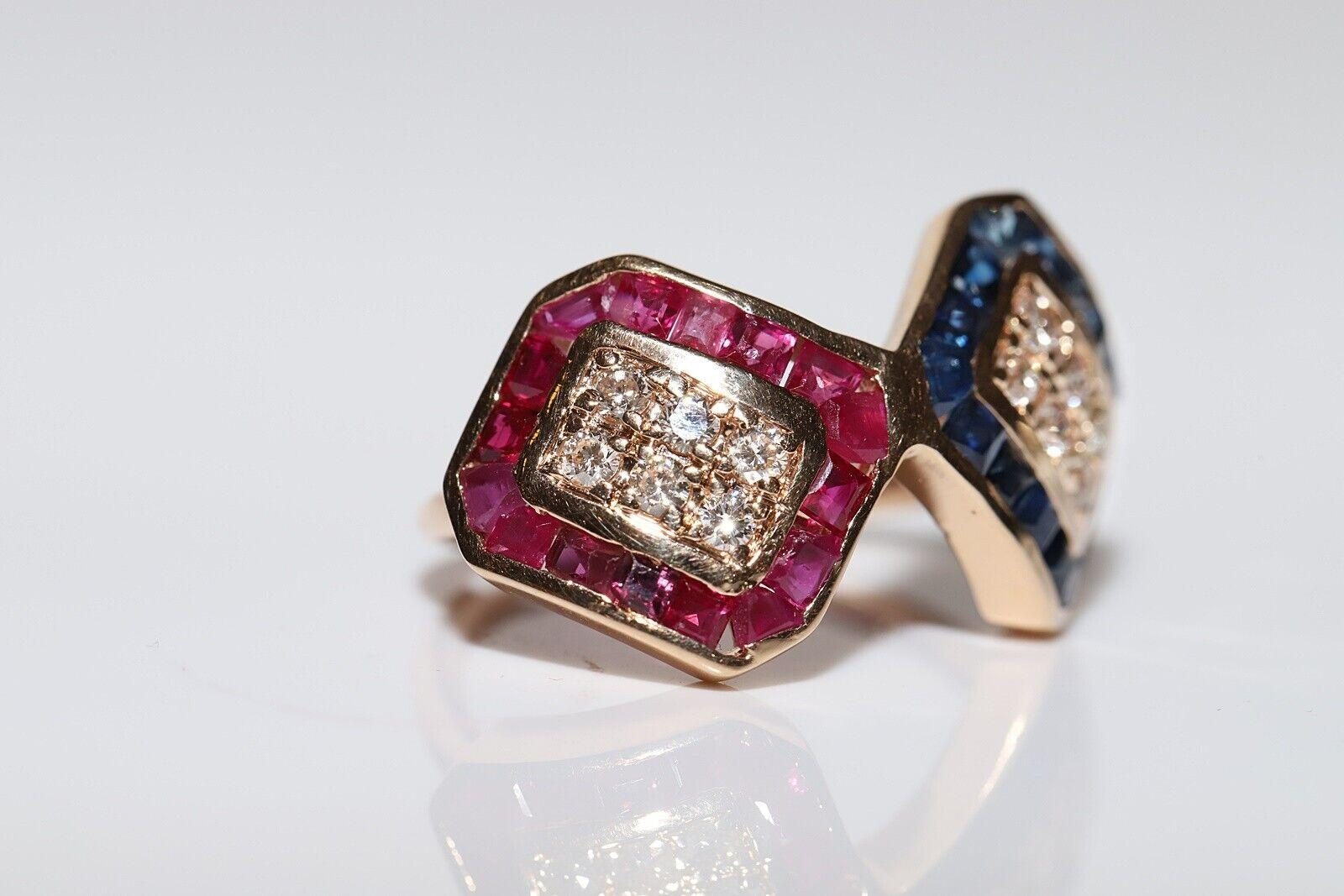 Vintage Circa 1980er Jahre 14k Gold Ring mit natürlichem Diamant und Saphir und Rubin im Angebot 3