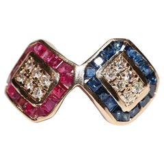 Anello in oro 14k con diamante naturale e zaffiro e rubino, vintage anni '80 circa