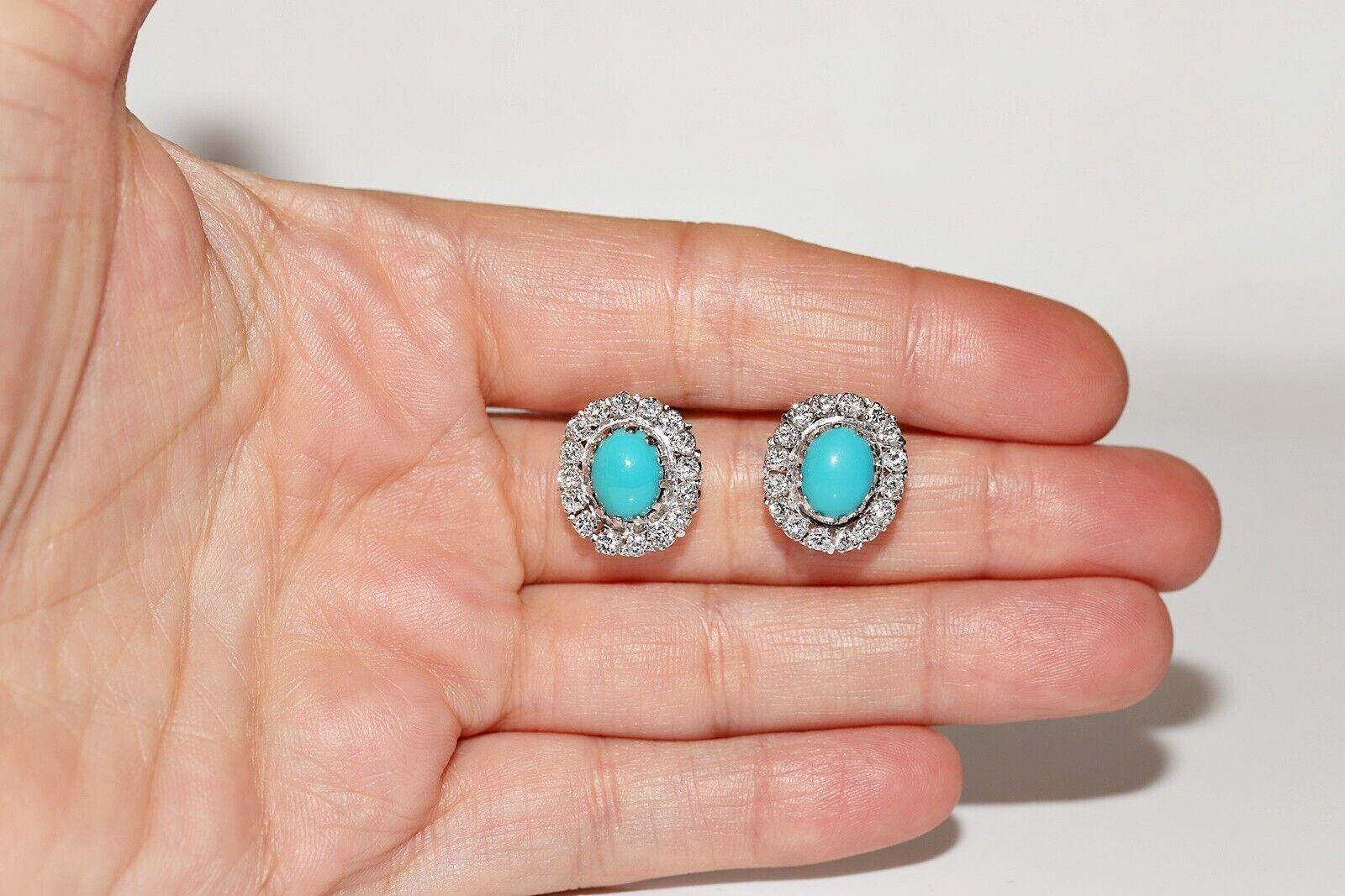Vintage Circa 1980s 14k Gold Natural Diamond And Turquoise Decorated Earring For Sale 6