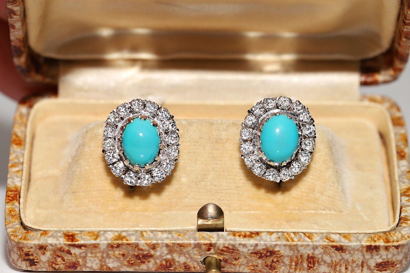 Vintage Circa 1980s 14k Gold Natural Diamond And Turquoise Decorated Earring For Sale 8