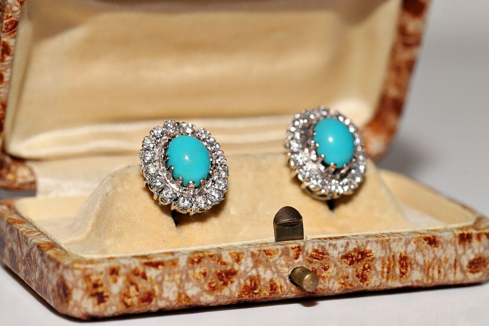 Vintage Circa 1980s 14k Gold Natural Diamond And Turquoise Decorated Earring For Sale 9