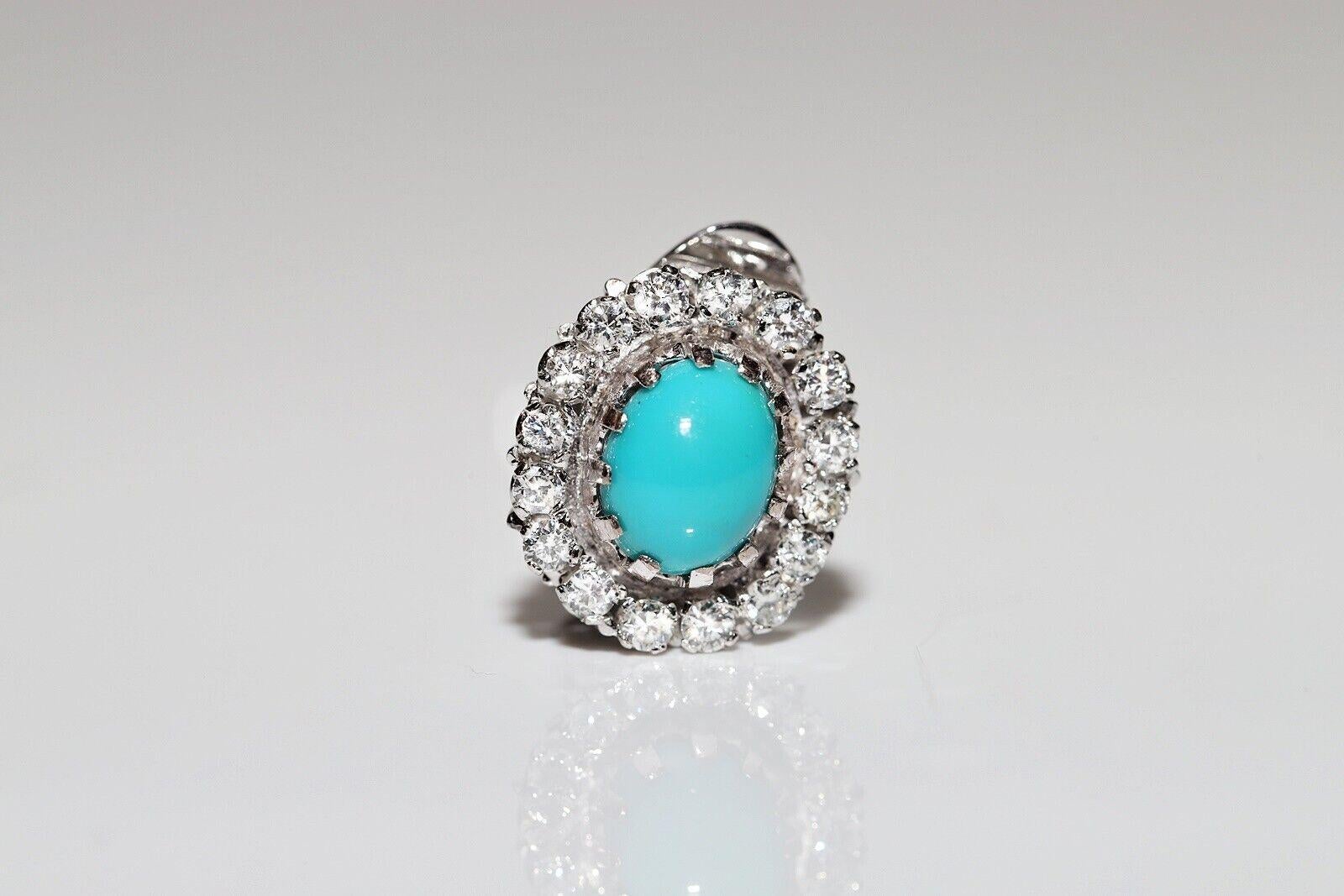 Retro Vintage Circa 1980s 14k Gold Natural Diamond And Turquoise Decorated Earring For Sale